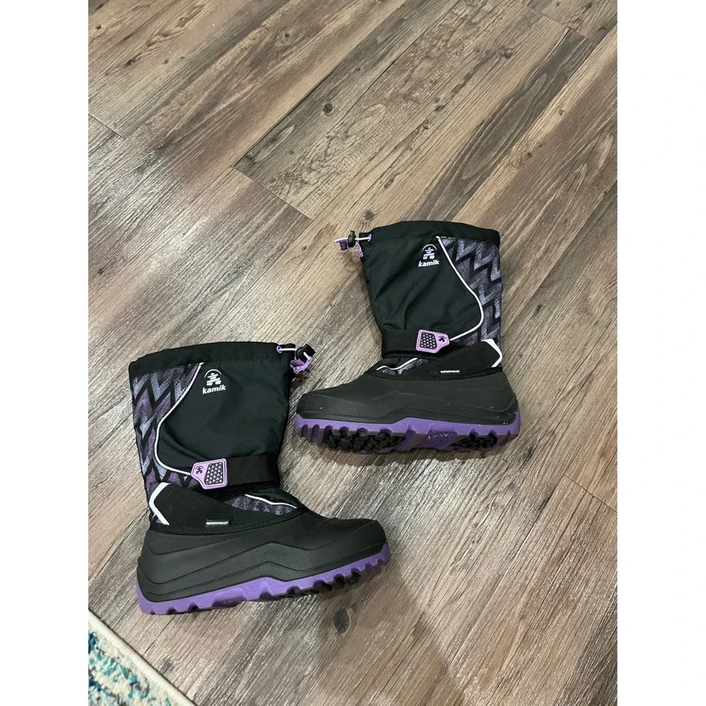 Kamik Kids Waterproof Winter Snow Boots Black Purple Chevron GIrls Size 5